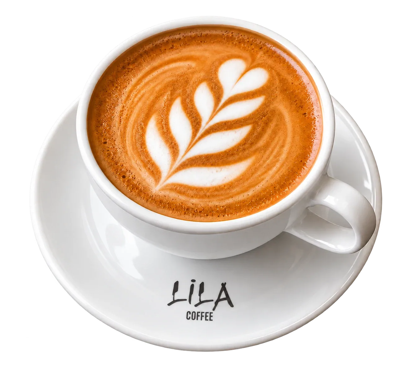 Lila logolu beyaz fincan ve tabakta yaprak desenli latte